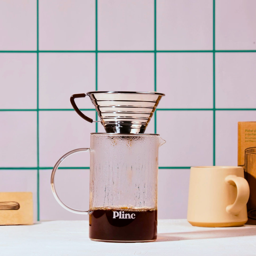 A Plinc carafe used to brew coffee with a Kalita dripper.